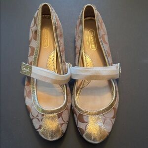 Coach Metallic Gold and Brown Patterned Flats
